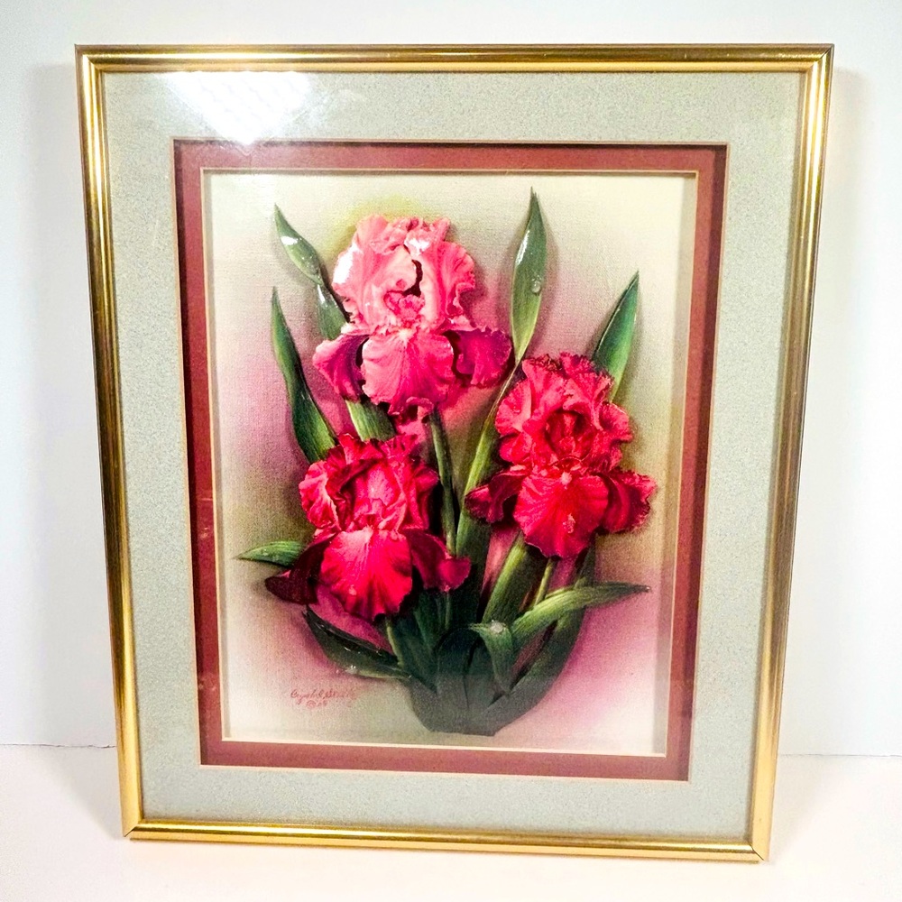 Vintage  Framed Picture Crystal Skelley 1989 Signed Iris Flowers Floral 3D Art